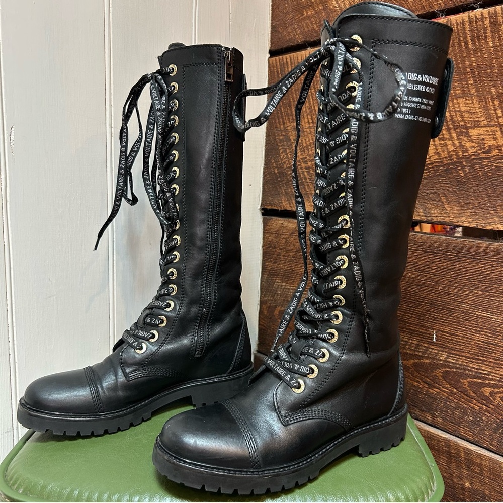 Zadig & Voltaire Goth / Industrial Leather Lace Up Tall Combat Moto Boots 37 - Picture 2 of 13